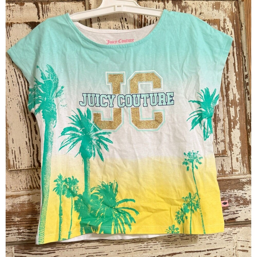 Girls' Juicy Couture Cotton Ombre Palm Tee - Blue Tint - Size Small (7)